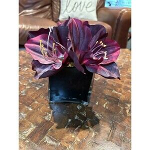 Artificial Amaryllis in Black Glass Vase